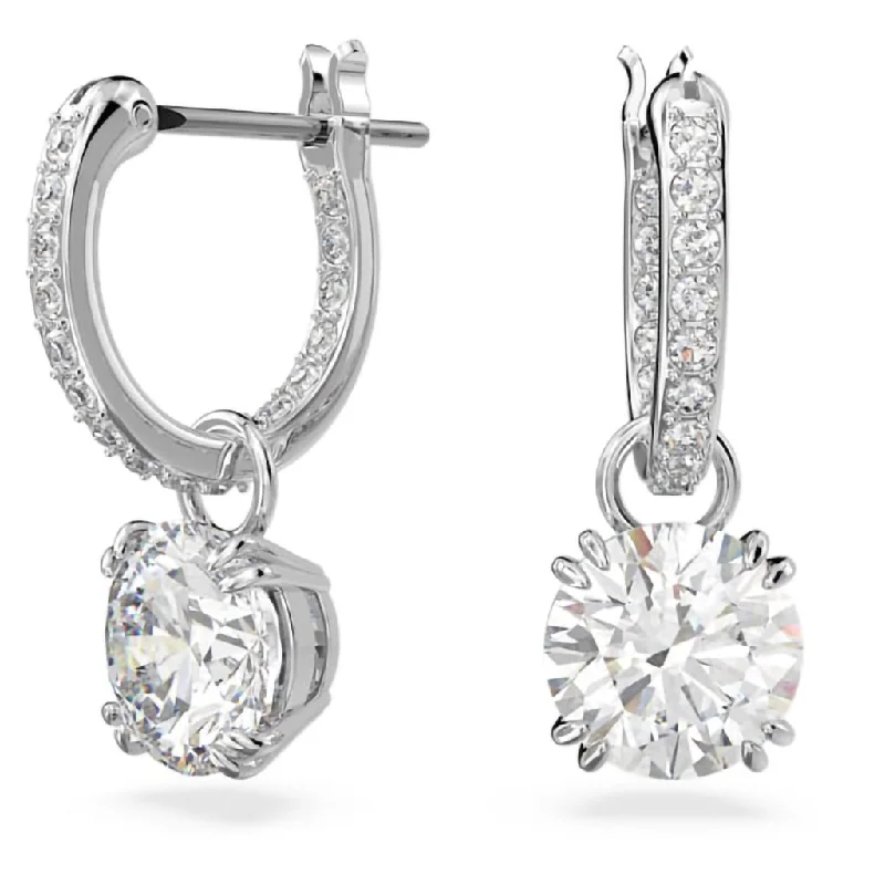 Ladies Eastern Charm Earrings -Swarovski : Stella Drop Earrings in White- Round Cut, Rhodium