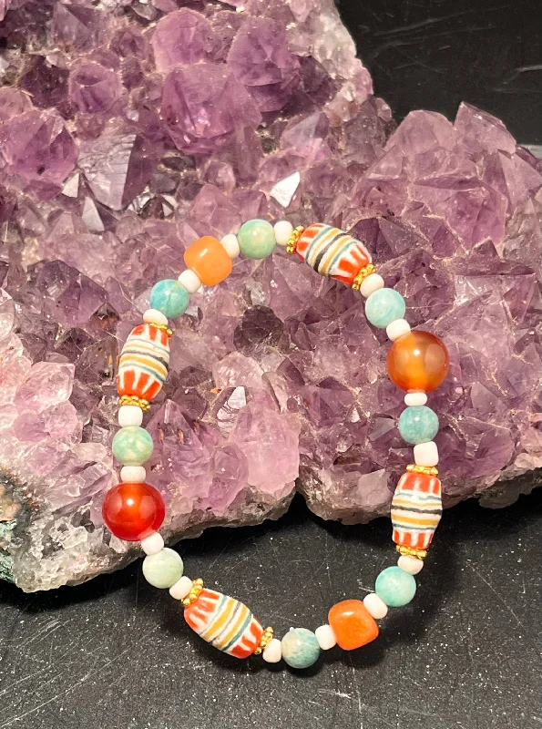 Ladies Bracelets for Aunt Glow-African Beads, Amazonite, Carnelian and Red Orange Aventurine Stretchy Bracelet