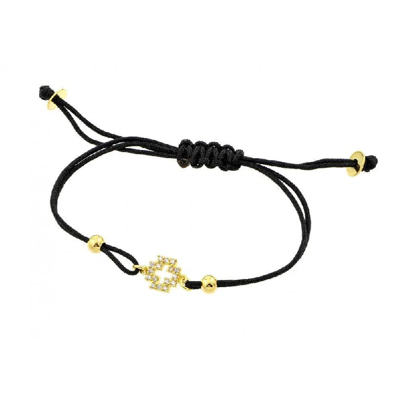 Ladies Bracelets Trendy Spark-Silver 925 Gold Plated Open Cross Clear CZ Black Cord Bracelet - BGB00200