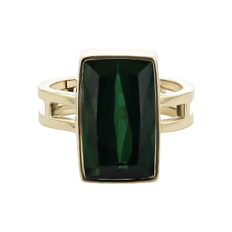 Ladies Abstract Art Rings -14K Gold Rectangular Green Tourmaline Ring