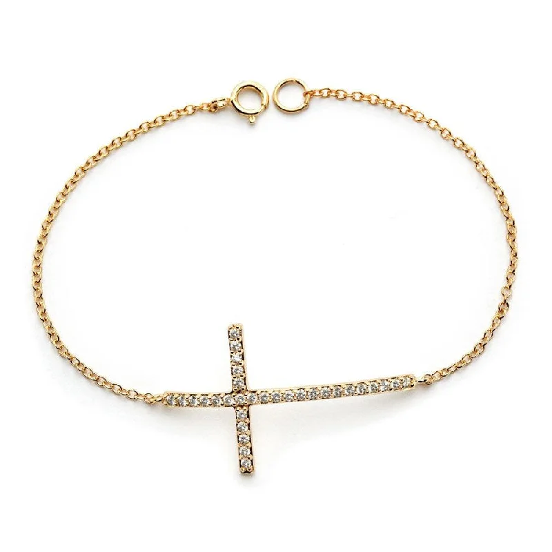 Ladies Bracelets for Chill Glow-Silver 925 Gold Plated Sideways Cross Clear CZ Inlay Bracelet - BGB00148