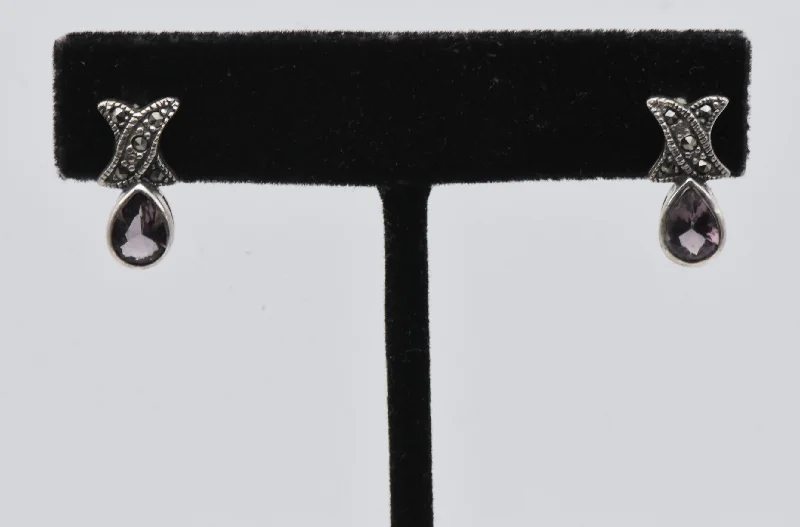 Ladies Galaxy Cluster Earrings -Sterling Silver Scapolite Earrings with Marcasite Stones