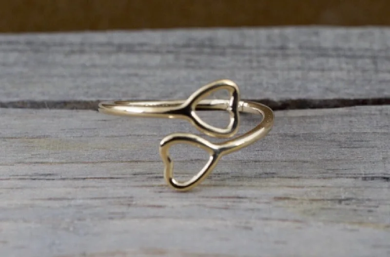 Ladies Turquoise Accent Rings -14k Yellow Gold Double Open Heart Adjustable Pinky Knuckle Ring Love