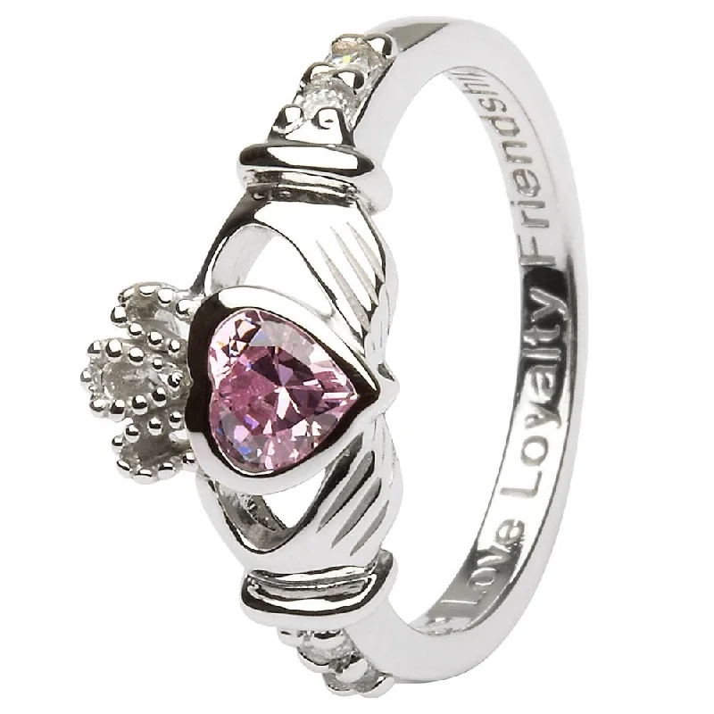 Ladies Zen Calm Rings -OCTOBER Birthstone Silver Claddagh Ring LS-SL90-10 Inscribed with "Love Loyalty Friendship"