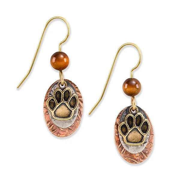 Ladies High Polish Earrings -Silver Forest Earrings Gold Pawprint on Orange Teardrop