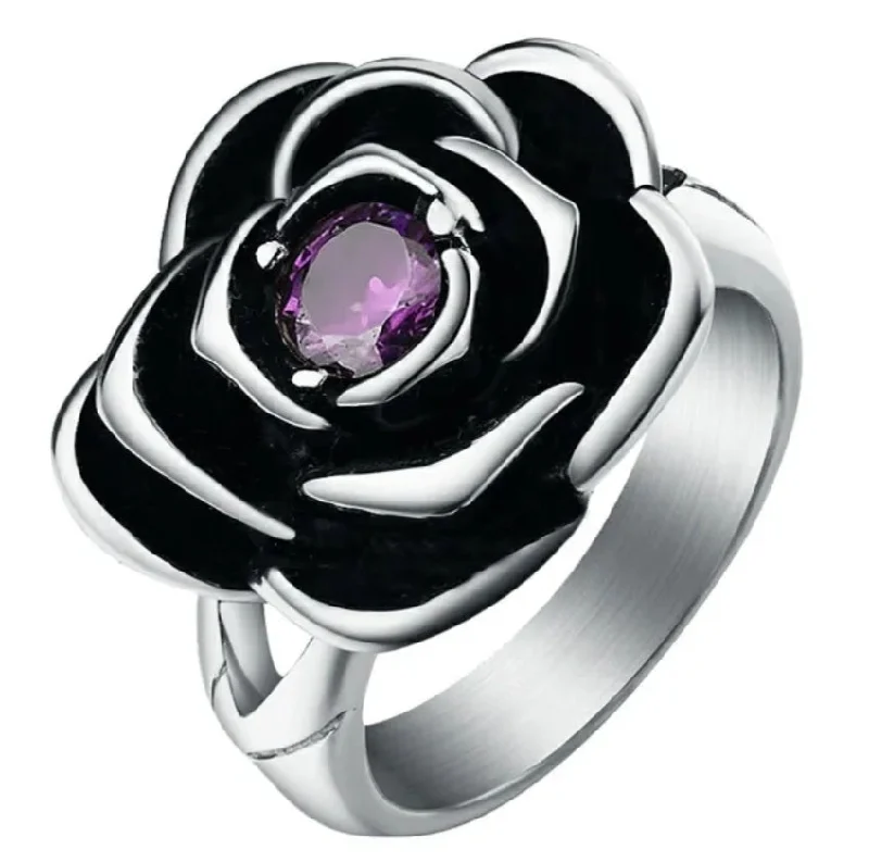 Ladies Solid Heavy Rings -Stainless Steel Purple CZ Rose Ring