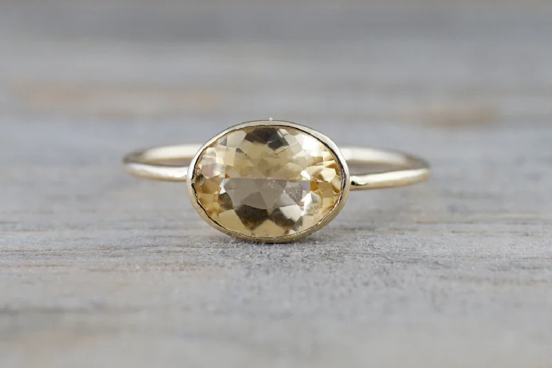 Ladies Star Accent Rings -Yellow Topaz Gold Oval Bezel Band Minimalist Birthstone Ring