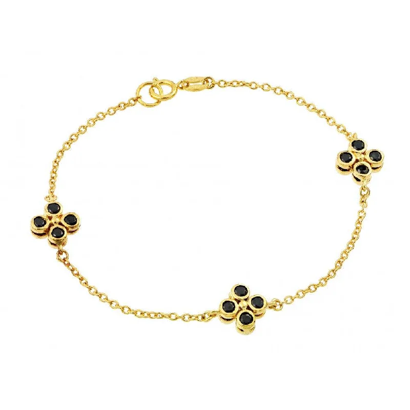 Ladies Bracelets with Aqua Turquoise-Silver 925 Gold Plated Three Clover Black CZ Inlay Bracelet - BGB00189