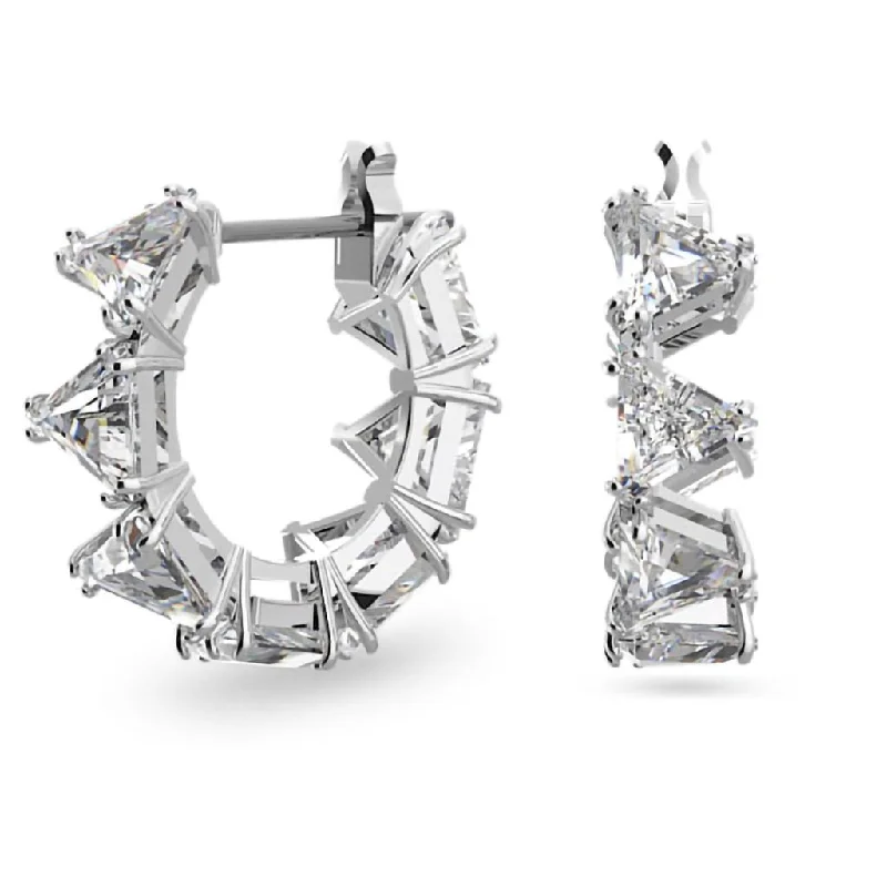 Ladies Winter Frost Earrings -Swarovski : Matrix Hoop Earrings in White -Triangle Cut Small, Rhodium