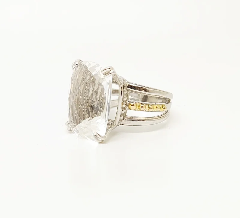 Ladies Modern Trend Rings -Designer White Crystal Ring In Silver And 14k Yellow Gold