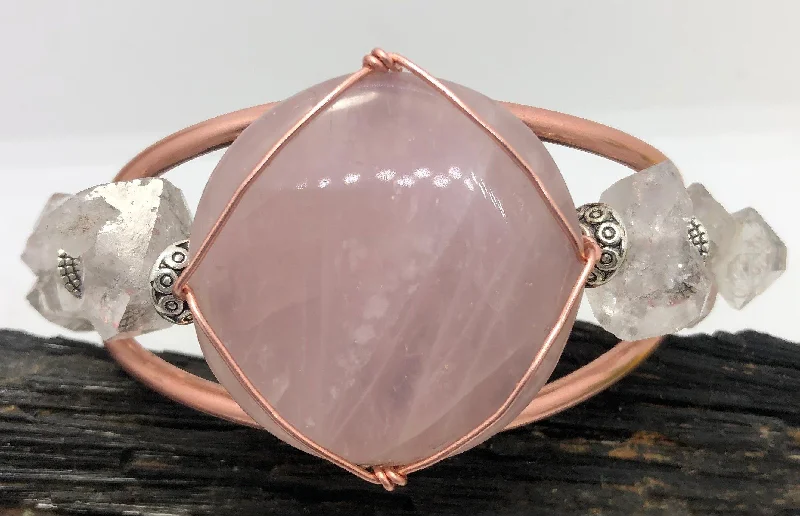 Ladies Bracelets with Lock Glow-Rose Quartz and Herkimer Diamond from Morocco Copper Bracelet