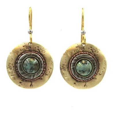 Ladies Halo Glow Earrings -Silver Forest Earrings Gold Round with Green Stone