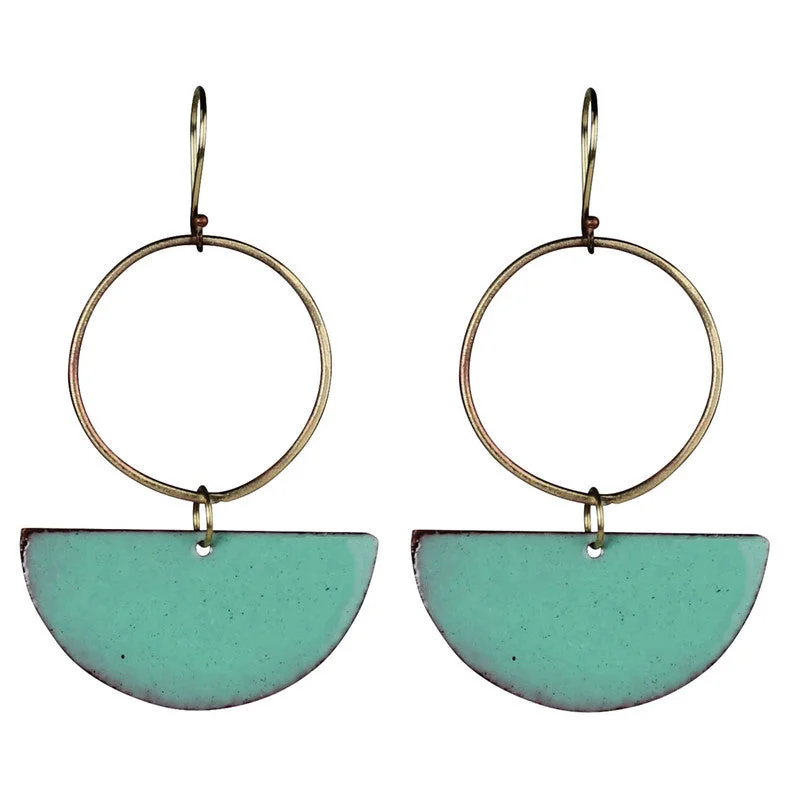 Ladies Ruby Stone Rings -Donte Earring, Hoop With Semi Circle Aqua Enamel & Brass