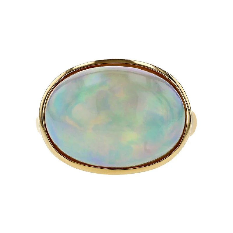 Ladies Red Gem Rings -14K Yellow Gold Ethiopian White Cabochon Opal Ring