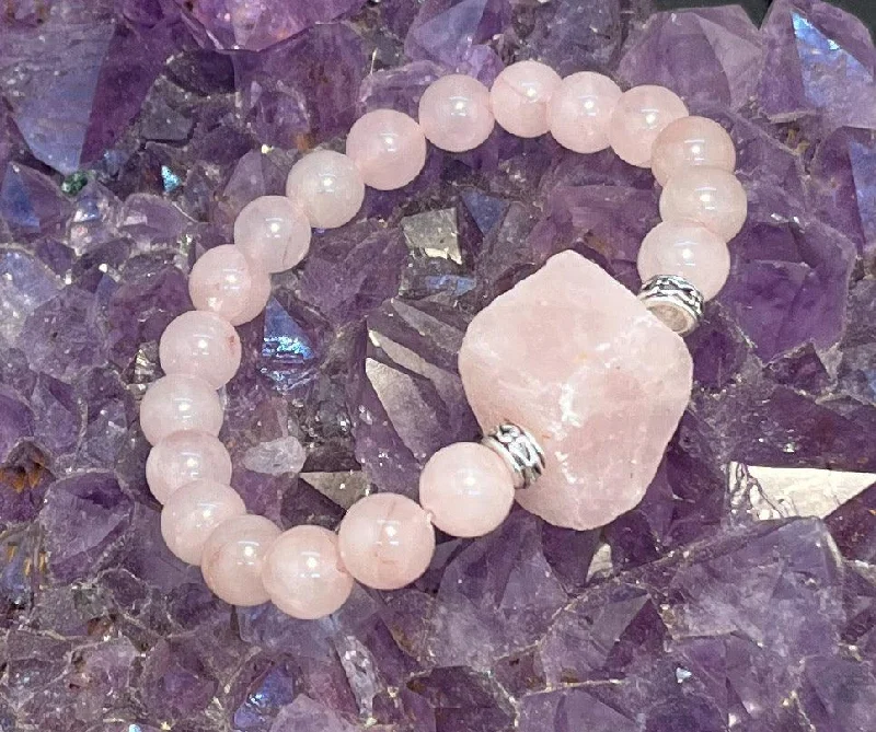 Ladies Bracelets with Bold Gems-8mm Rose Quartz with Rough Rose Quartz Stretchy Bracelet