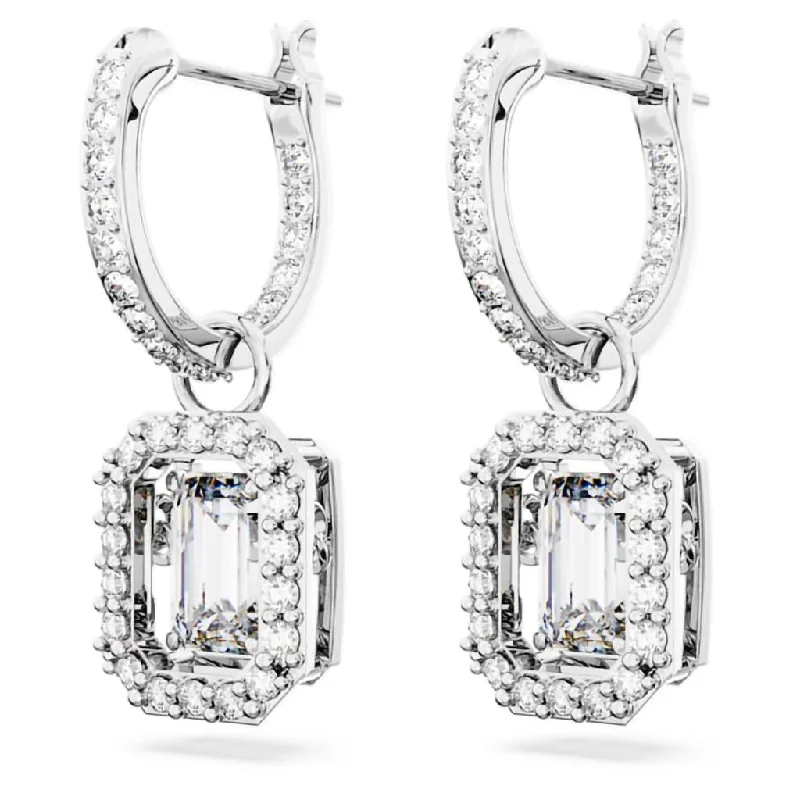 Ladies Adjustable Drop Earrings -Swarovski : Una Drop Earrings in White -Octagon Cut, Rhodium