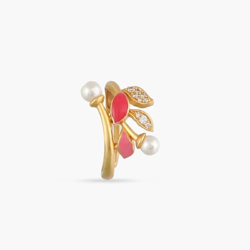 Ladies Thin Delicate Rings -Eriha Pearl Nakshtra CZ Pink Leaf Finger Ring