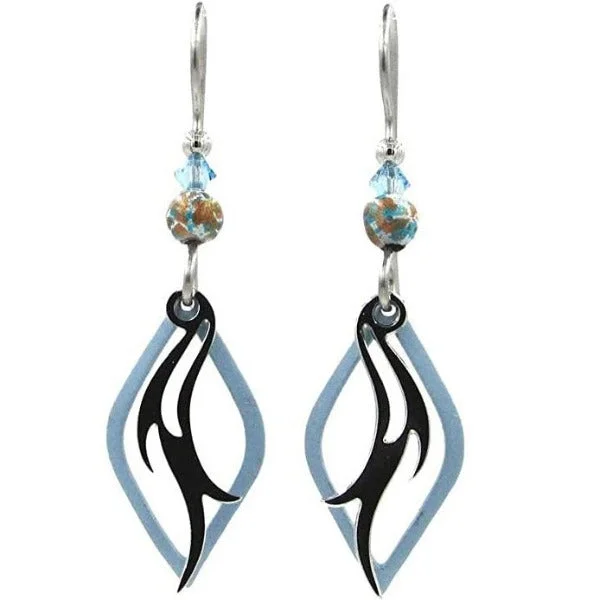 Ladies Sleek Modern Earrings -Silver Forest Light Blue Open Diamond Shape with Silver Plated Center Swirl Drop Earrings