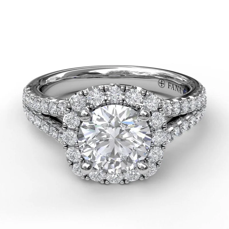 Ladies Ethical Engagement Rings -Cushion Halo Engagement Ring with a Diamond Encrusted Split Band S3891