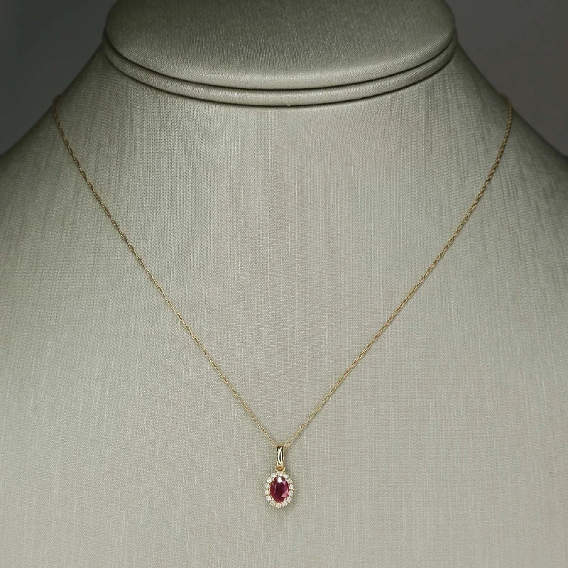 Ladies Necklaces with White Thaumasite-Ruby & Diamond Accented Oval Halo Pendant on 18" Chain Necklace in 10/14K Yellow Gold