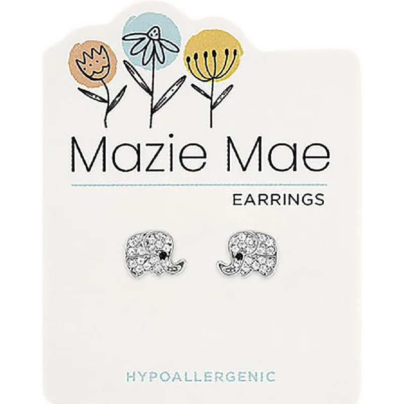 Ladies Long Drop Earrings -Center Court : Silver Cubic Zirconia Elephant Mazie Mae Earrings