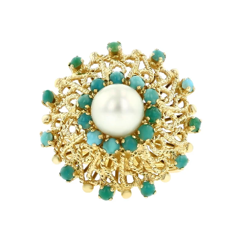 Ladies Knuckle Style Rings -14K Yellow Gold Pearl and Turquoise Cluster Ring