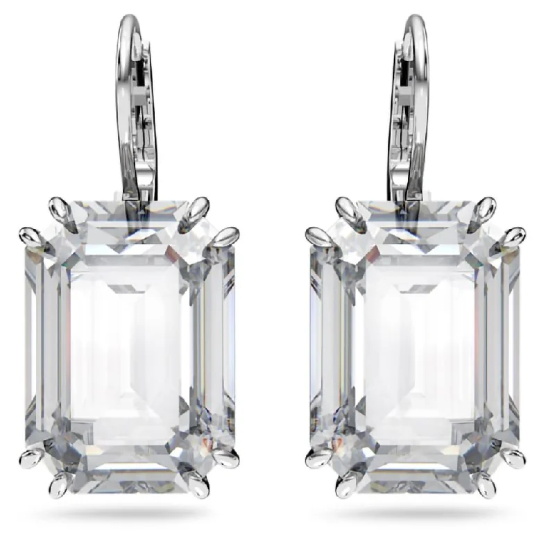 Ladies Flower Petal Earrings -Swarovski : Millenia Drop Earrings In White - Octagon cut , Rhodium