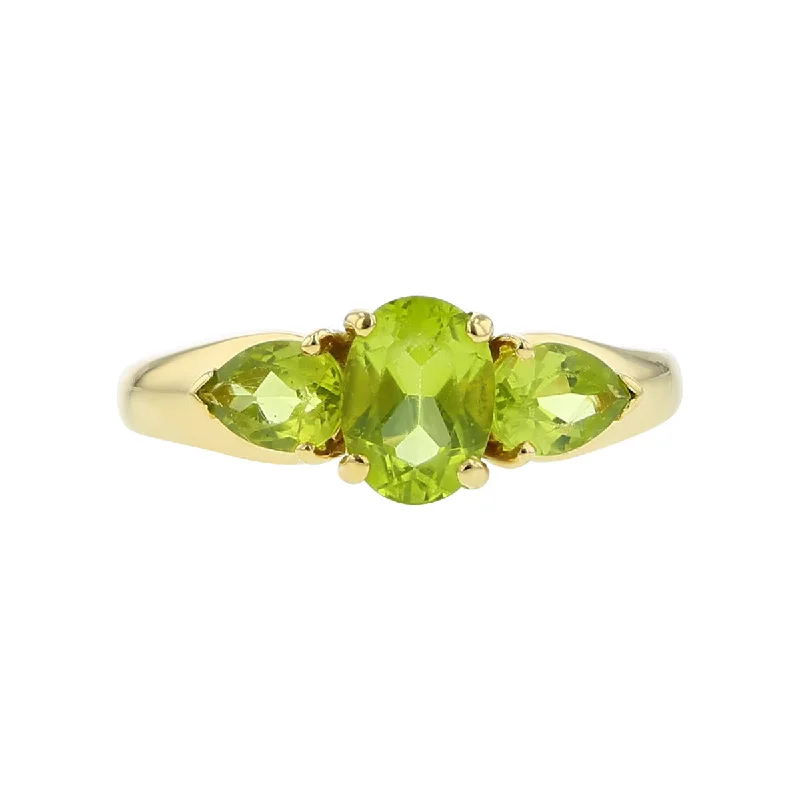 Ladies Traditional Style Rings -14K Yellow Gold 3-Stone Oval Green Peridot Ring