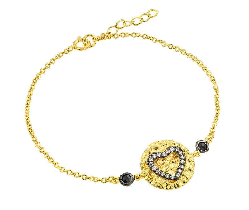 Ladies Bracelets with Pure Okenite-Silver 925 Gold Plated Circle Black Heart Clear CZ Inlay Bracelet - BGB00178GP