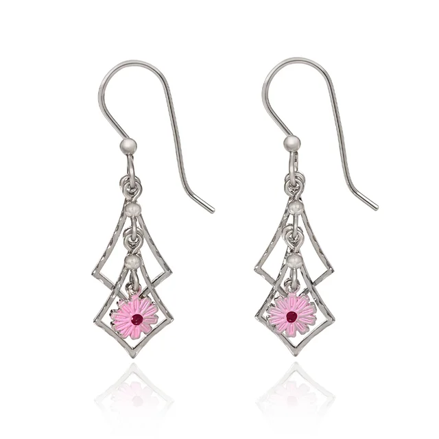 Ladies Quiet Elegance Earrings -Silver Forest Earrings Diamond Cascade with Pink Flower Drop