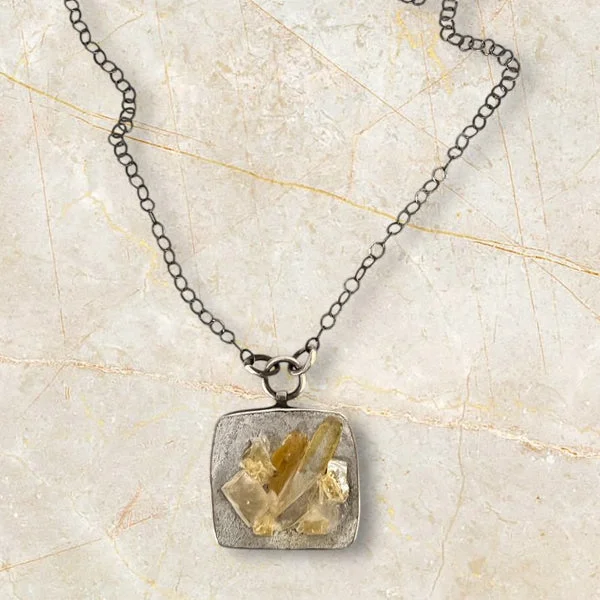 Ladies Necklaces with Aqua Turquoise-Fine chain necklace square bezel with lemon quartz embedded in grout