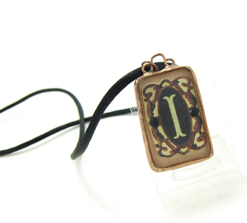 Ladies Necklaces with Custom Shine-Letter I Necklace Soldered Glass Copper Pendant with Initial