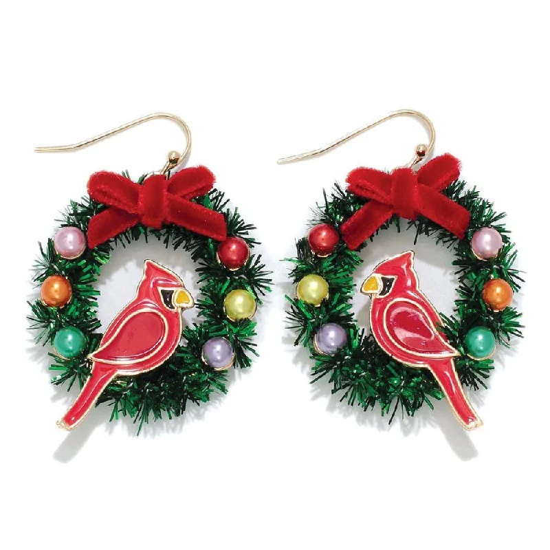 Ladies Fairy Tale Earrings -Holiday Earrings Wreath with Cardinal