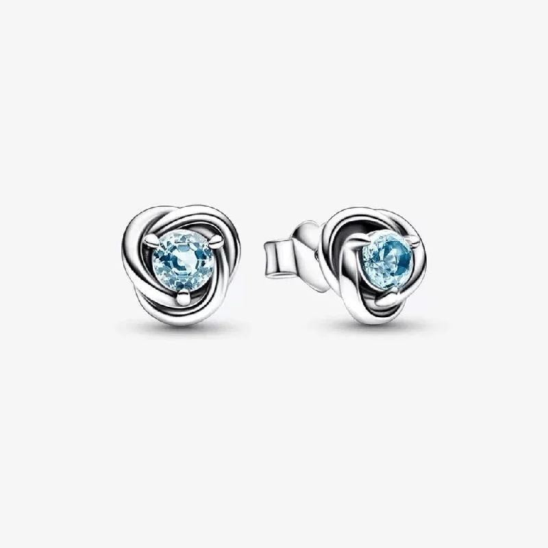 Ladies Astrology Stone Earrings -PANDORA : March Sea Aqua Blue Eternity Circle Stud Earrings