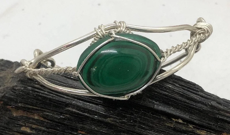 Ladies Bracelets for Party Glow-Malachite Cabochon Sterling Silver Third Eye Style Bracelet Wire wrapped Handmade