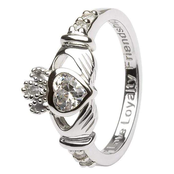 Ladies Mermaid Scale Rings -APRIL Birthstone Silver Claddagh Ring LS-SL90-4 Inscribed "Love Loyalty Friendship"