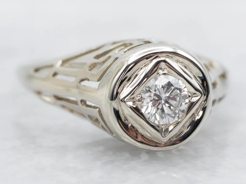 Ladies Art Deco Engagement Rings -Art Deco Diamond Solitaire Engagement Ring