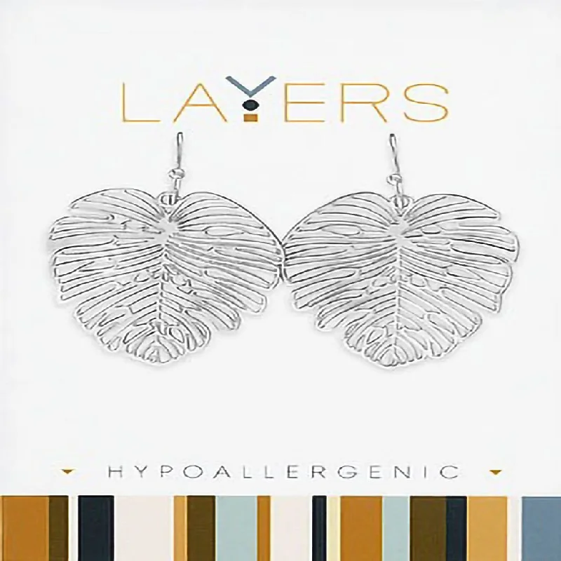 Ladies Rough Texture Earrings -Center Court : Silver Palm Leaf Dangle Layers Earrings