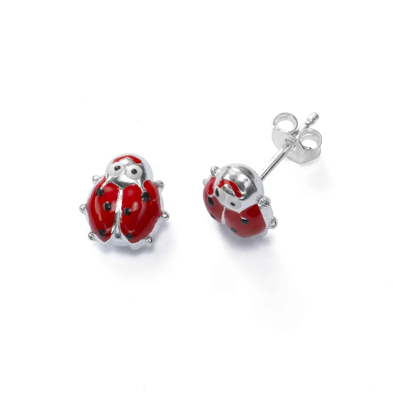 Ladies Rhinestone Studded Rings -Red Ladybug Earring, Sterling Silver