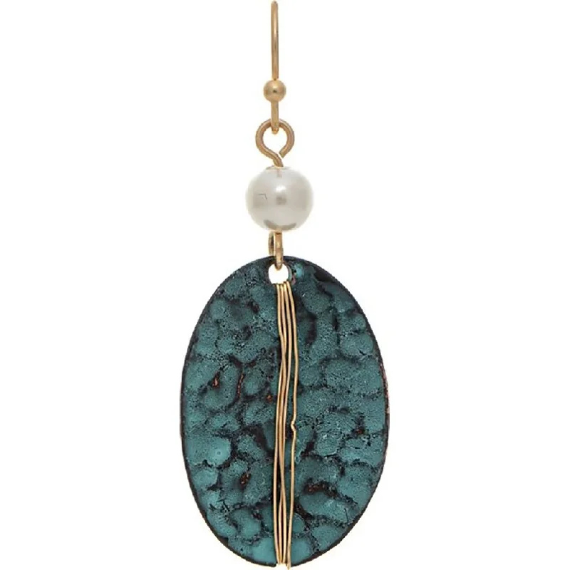 Ladies Starry Night Earrings -Rain : Patina Gold Wire Wrapped Oval Pearl Top Earrings