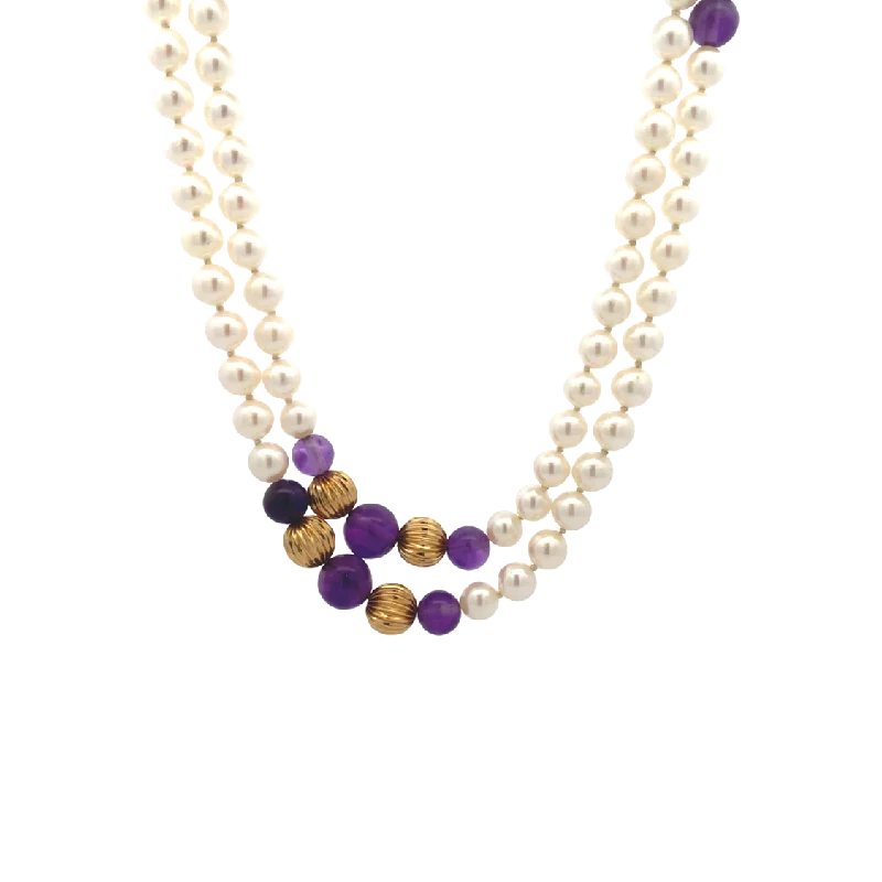 Ladies Necklaces for Travel Shine-Estate 30" Cultured Pearl and Amethyst Bead Necklace in Yellow Gold