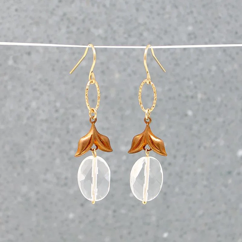 Ladies Zodiac Sign Earrings -Faceted Crystal & Brass Leaves Drop Earrings by Brin