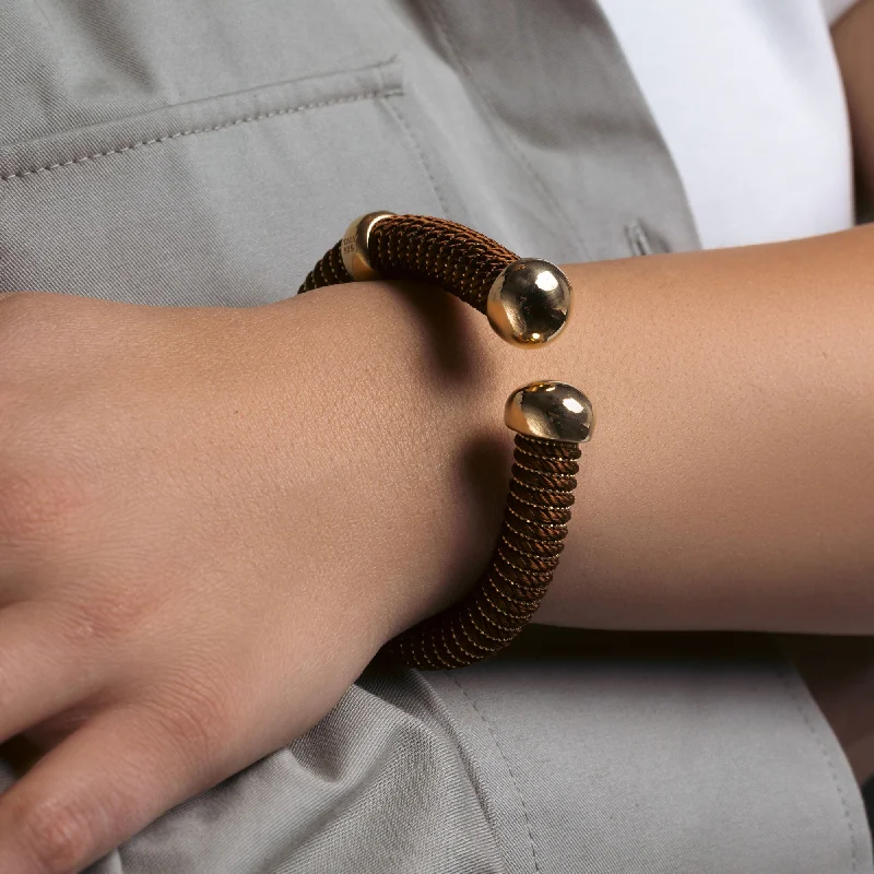 Ladies Bracelets Cuff Shine-Silver 925 Gold Plated Open Brown Silk Cord Italian Bracelet - ITB00139GP-BROWN