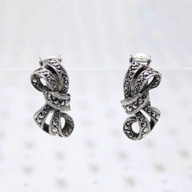 Ladies Ceramic Tile Earrings -English Marcasite Bow Clip On Earrings