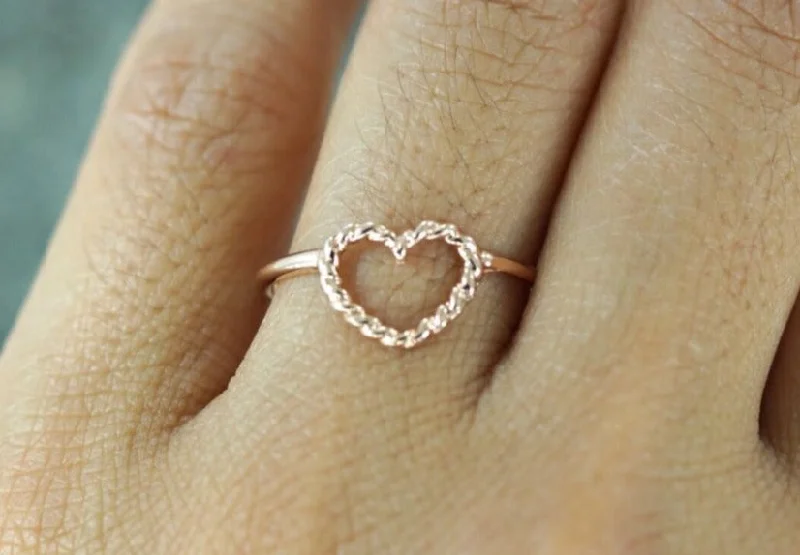 Ladies Swarovski Sparkle Rings -14k Rose Gold Twist Rope Open Heart Anniversart Promise Love Ring Band