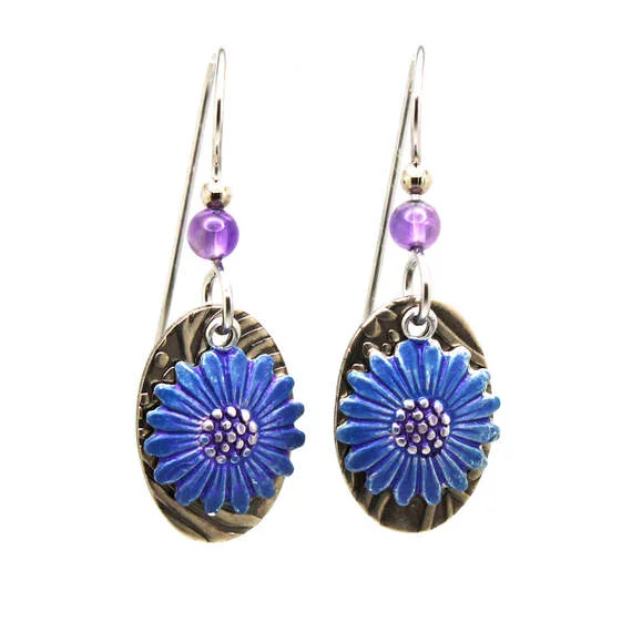 Ladies Happiness Glow Earrings -Silver Forest Blue Flower on Metal Oval Drop Earrings