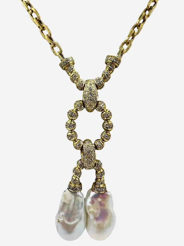 Ladies Necklaces Sterling Glow-Estate Biwa Pearl Diamond Yellow Gold Link Necklace