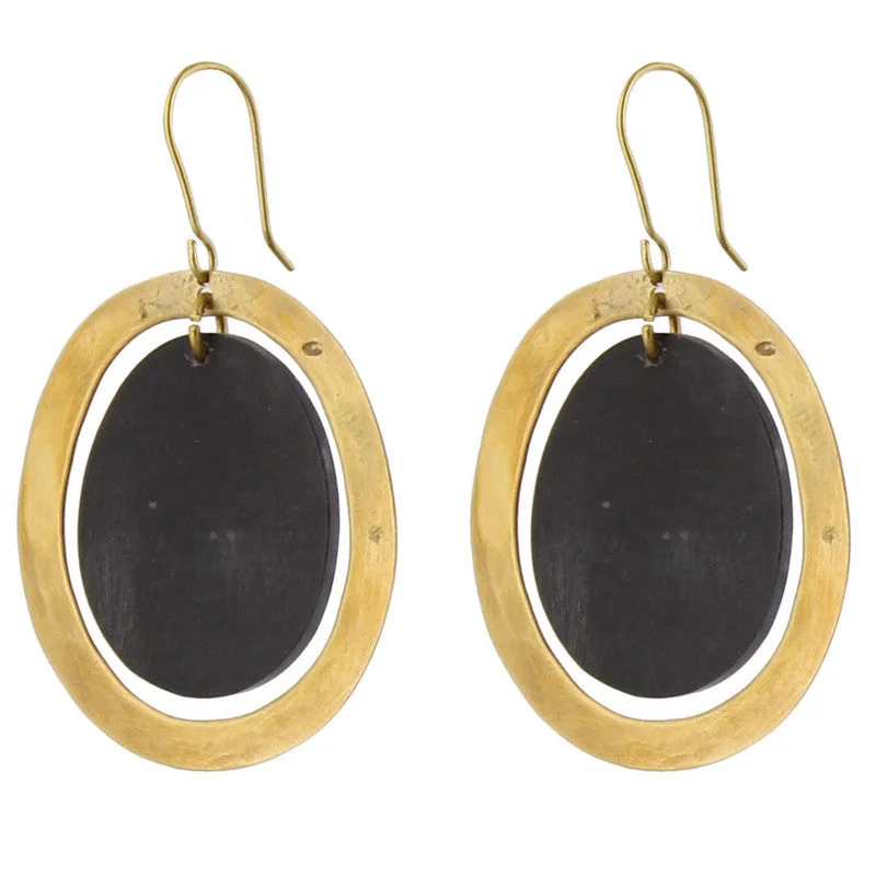 Ladies Artisan Handmade Rings -Banjar Floating Oval Earring - Sm - Dark Horn, Brass