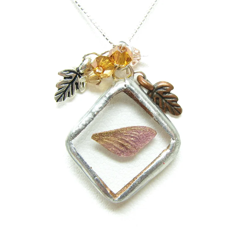 Ladies Necklaces with Lock Shine-Autumn Fairy Necklace Soldered Glass Pendant with Miniature Faery Wing