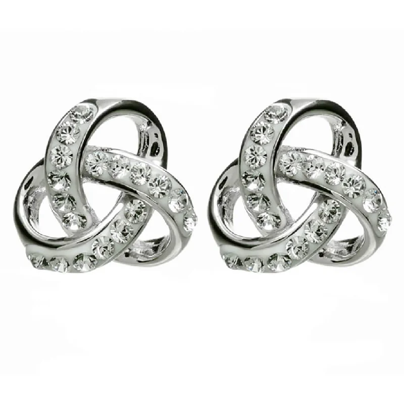 Ladies Cosmic Dust Earrings -Shanore : Silver Trinity Knot Earrings Encrusted With White Crystal